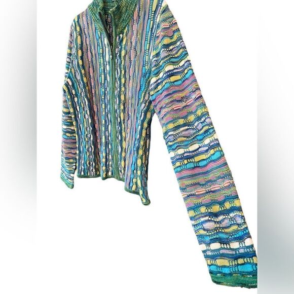 Marcazzani M* Green Yellow Multicolor Stripes Front Zipper Collar Italy Sweater - Picture 3 of 8